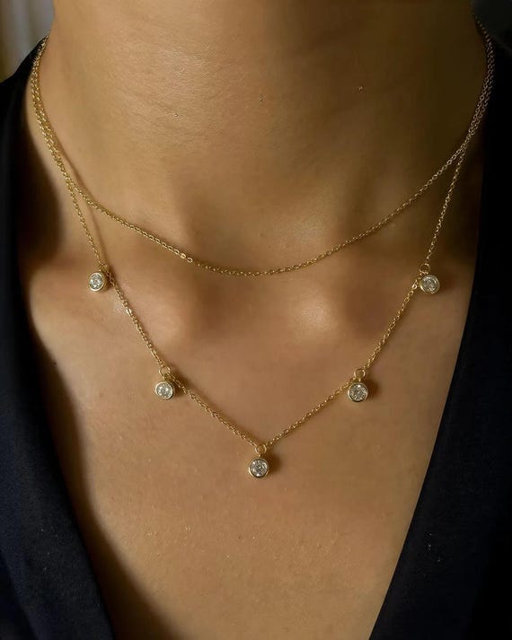 Dangling 1.5CT Lab Diamond Necklace in 14k /Solid Gold / Diamond Choker /  Double Layer Lab Diamond Necklace/ Gift for mom