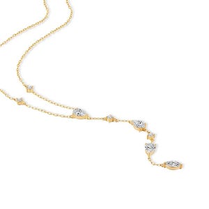 May include: A gold necklace with clear gemstones of varying shapes. The necklace has a fine chain and features round, pear, and marquise cut gemstones. The design is elegant and suitable for special occasions. The necklace is a beautiful piece of jewellery.
