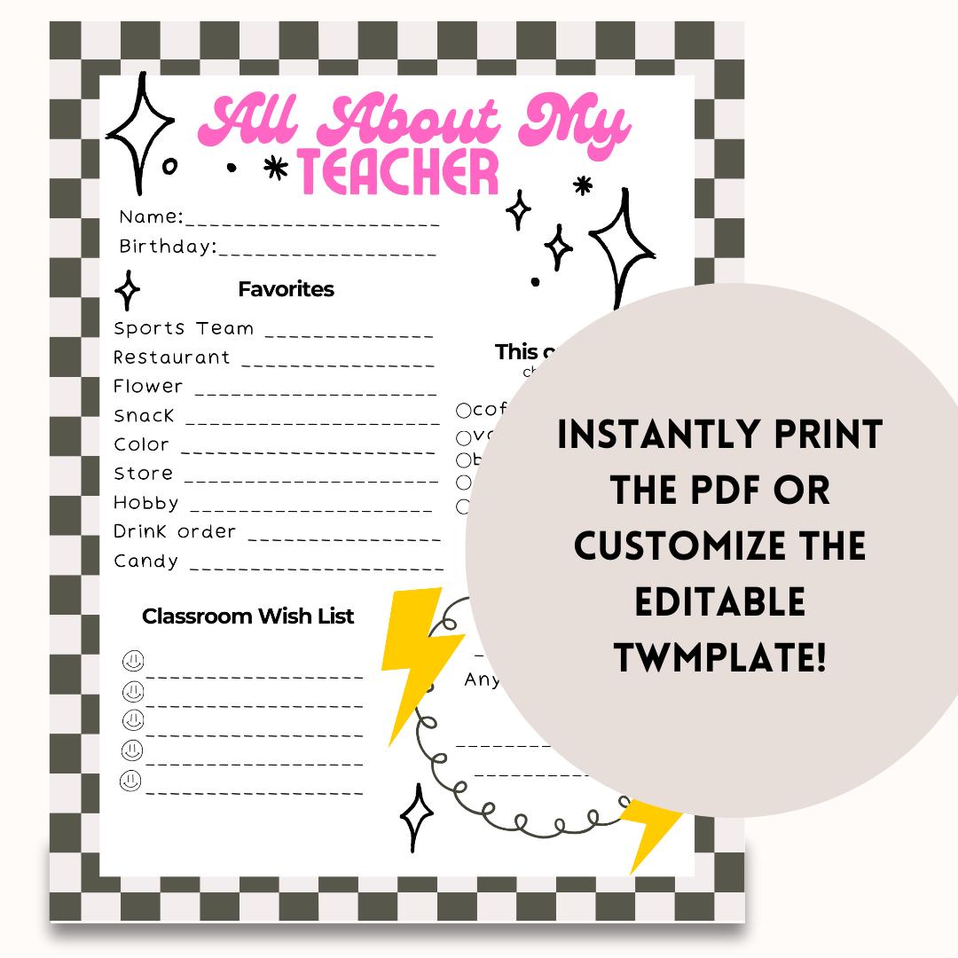 All About My Teacher Printable | Getting to Know You Survey | Teacher ...
