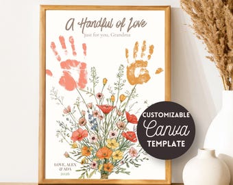 Ramo de huellas de manos, regalo para el Día de los Abuelos, arte con huellas de manos de la abuela, manualidad de flores con huellas de manos, regalo de los niños para la abuela, la abuela y la abuela Gigi.
