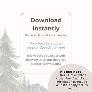 Puede incluir: Anuncio de descarga digital con el texto "Descarga instant&aacute;neamente" en negrita. El texto de abajo dice "&iexcl;No es necesario esperar un correo electr&oacute;nico!" y proporciona un enlace para descargar el producto. Una ilustraci&oacute;n de acuarela de una escena de bosque est&aacute; en el fondo.