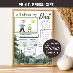 Puede incluir: Una impresi&oacute;n enmarcada con el texto "All about my Dad" y una plantilla de Canva personalizable. La impresi&oacute;n incluye un dibujo de un padre y un ni&ntilde;o, datos sobre el padre y un paisaje en acuarela.