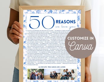 50 reasons we love you printable for 50th Birthday personalized gifts | Digital download for print on canvas, totes, wall art and more