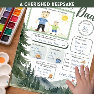Puede incluir: Una impresi&oacute;n art&iacute;stica personalizada 'Mi pap&aacute;' con un dibujo infantil, que presenta un dibujo de un padre y un ni&ntilde;o, cosas favoritas y un mensaje. La impresi&oacute;n incluye el texto "A Cherished Keepsake".