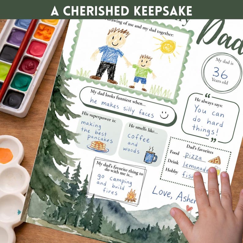 Puede incluir: Una impresi&oacute;n art&iacute;stica personalizada 'Mi pap&aacute;' con un dibujo infantil, que presenta un dibujo de un padre y un ni&ntilde;o, cosas favoritas y un mensaje. La impresi&oacute;n incluye el texto "A Cherished Keepsake".