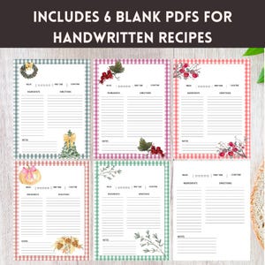 May include: Six blank PDF recipe pages with handwritten recipe templates. Each page has a gingham border in different colors, with space for ingredients, directions, and notes. The pages are decorated with watercolor illustrations of wreaths, berries, and pumpkins.