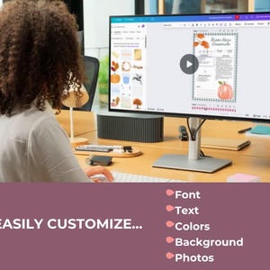 May include: A person working on a computer with a large monitor displaying a design interface. The screen shows a template with a pumpkin graphic. The text "EASILY CUSTOMIZE..." is visible at the bottom of the image, along with a list of customization options.