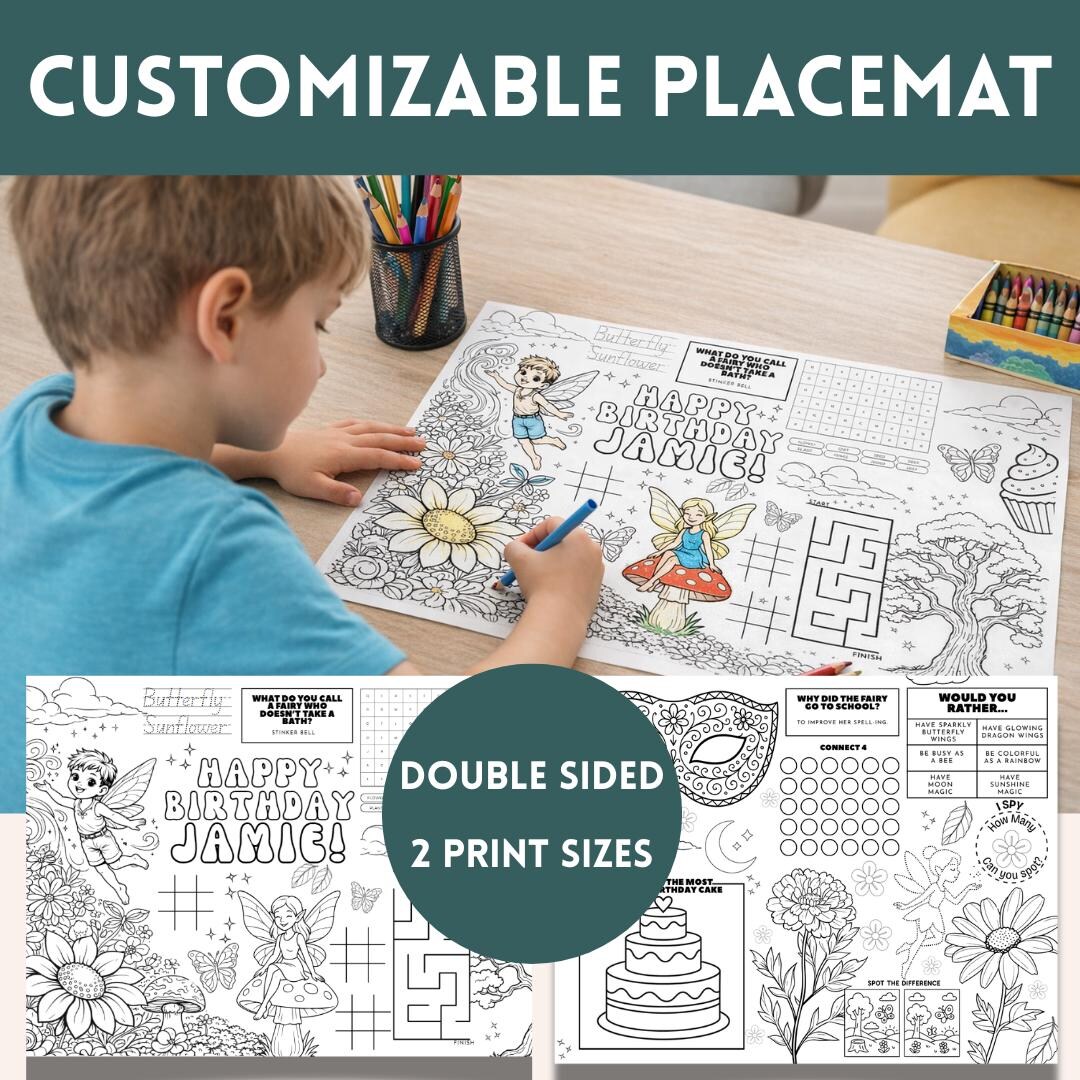 Fairy Garden Party Editable Birthday Coloring Placemat | Activity ...