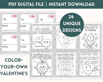 Coloring Valentines Cards for classroom | Digital Downloadable PDF