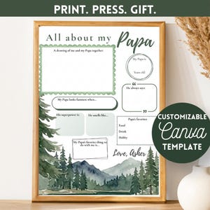 Puede incluir: Una impresi&oacute;n enmarcada con el texto "PRINT. PRESS. GIFT." en la parte superior. La impresi&oacute;n presenta las palabras "All about my Papa" y espacios para completar detalles sobre un padre. Un c&iacute;rculo verde a la derecha dice "CUSTOMIZABLE Canva TEMPLATE."