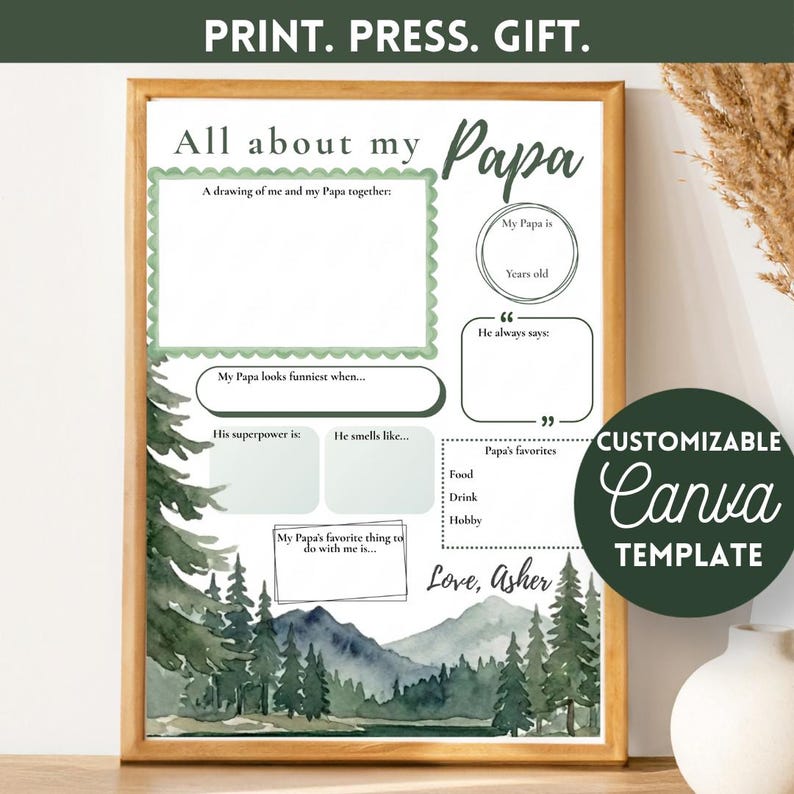 Puede incluir: Una impresi&oacute;n enmarcada con el texto "PRINT. PRESS. GIFT." en la parte superior. La impresi&oacute;n presenta las palabras "All about my Papa" y espacios para completar detalles sobre un padre. Un c&iacute;rculo verde a la derecha dice "CUSTOMIZABLE Canva TEMPLATE."