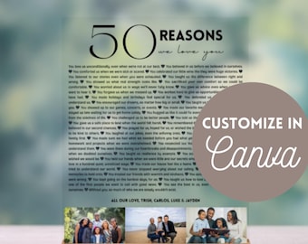 May include: A wooden photo display with the text "50 REASONS we love you" and the words "DIGITAL TEMPLATE | INSTANT DOWNLOAD". The display includes a section to customize in Canva and a row of family photos.