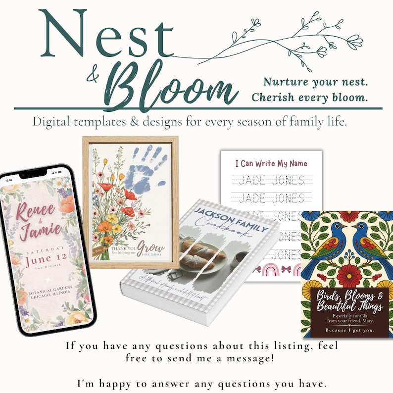 Puede incluir: Plantillas y dise&ntilde;os digitales para la vida familiar, con una invitaci&oacute;n de boda, una obra de arte de huellas de manos, un libro de cocina y una hoja de trabajo para escribir nombres. La imagen tambi&eacute;n incluye un dise&ntilde;o floral y el texto "Nest & Bloom".