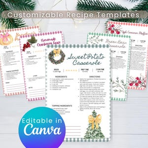 May include: A collection of customizable recipe templates with festive designs. The templates feature recipes like Sweet Potato Casserole and Apple Cinnamon Muffins, with the text "Editable in Canva" in a blue circle.