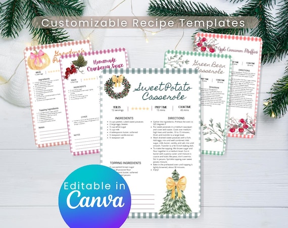 Holiday Recipe Template, Christmas Cookbook, Editable Canva Card (Digital Download)
