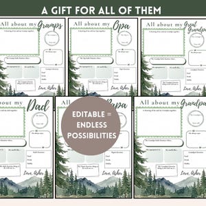 Puede incluir: Un conjunto de plantillas imprimibles y editables con un dise&ntilde;o de bosque en acuarela. Cada plantilla est&aacute; dise&ntilde;ada para ser rellenada con informaci&oacute;n sobre un miembro de la familia, como "Gramps", "Opa", "Great Grandpa", "Dad", "Papa" y "Grandpa". El texto "A Gift for All of Them" est&aacute; en la parte superior.