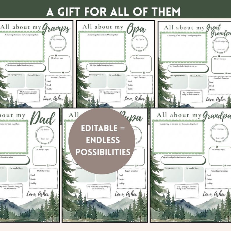Puede incluir: Un conjunto de plantillas imprimibles y editables con un dise&ntilde;o de bosque en acuarela. Cada plantilla est&aacute; dise&ntilde;ada para ser rellenada con informaci&oacute;n sobre un miembro de la familia, como "Gramps", "Opa", "Great Grandpa", "Dad", "Papa" y "Grandpa". El texto "A Gift for All of Them" est&aacute; en la parte superior.