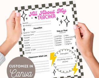 All About My Teacher Printable | Getting to Know You Survey | Teacher Gift Idea | Teacher Appreciation | Instant Download