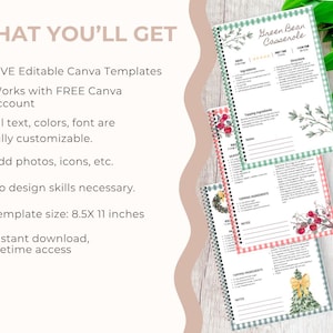 May include: Three spiral-bound recipe books with green, pink, and gray gingham borders. The top book reads "Green Bean Casserole." The text "WHAT YOU'LL GET" is at the top left, with bullet points listing features like editable templates and customizable text.