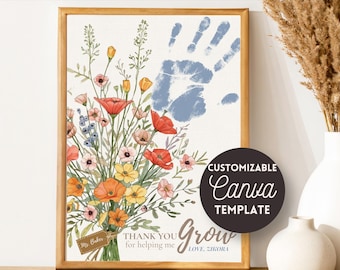 Regalo de fin de año para profesores / Ramo de flores con huellas de manos / Regalo de un alumno / Plantilla editable de Canva
