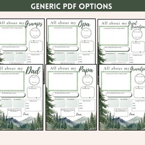 Puede incluir: Una colecci&oacute;n de plantillas PDF imprimibles con tem&aacute;tica de bosque. Cada plantilla presenta secciones para completar y personalizar informaci&oacute;n sobre miembros de la familia, incluyendo "Gramps", "Opa", "Great Grandpa", "Dad", "Papa" y "Grandpa". El texto "GENERIC PDF OPTIONS" est&aacute; en la parte superior.