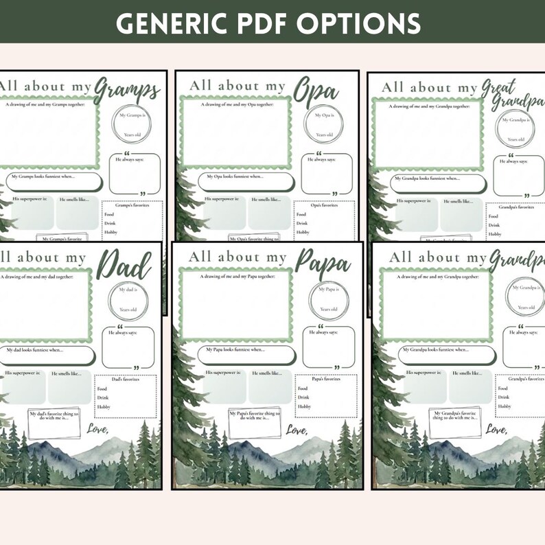 Puede incluir: Una colecci&oacute;n de plantillas PDF imprimibles con tem&aacute;tica de bosque. Cada plantilla presenta secciones para completar y personalizar informaci&oacute;n sobre miembros de la familia, incluyendo "Gramps", "Opa", "Great Grandpa", "Dad", "Papa" y "Grandpa". El texto "GENERIC PDF OPTIONS" est&aacute; en la parte superior.