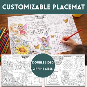 Könnte beinhalten: Ein anpassbares Platzset mit Feen-Motiv, mit dem Text "HAPPY BIRTHDAY ELENA!" und verschiedenen Ausmalaktivitäten. Das Design umfasst Feen, Schmetterlinge, Blumen und ein Labyrinth. Doppelseitig und in zwei Druckgrößen erhältlich.
