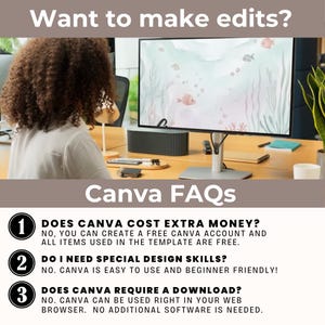 Puede incluir: Una persona trabajando en un escritorio con un monitor de computadora que muestra una escena submarina con peces. La imagen incluye el texto "Want to make edits?" y "Canva FAQs" con tres preguntas y respuestas numeradas sobre Canva.