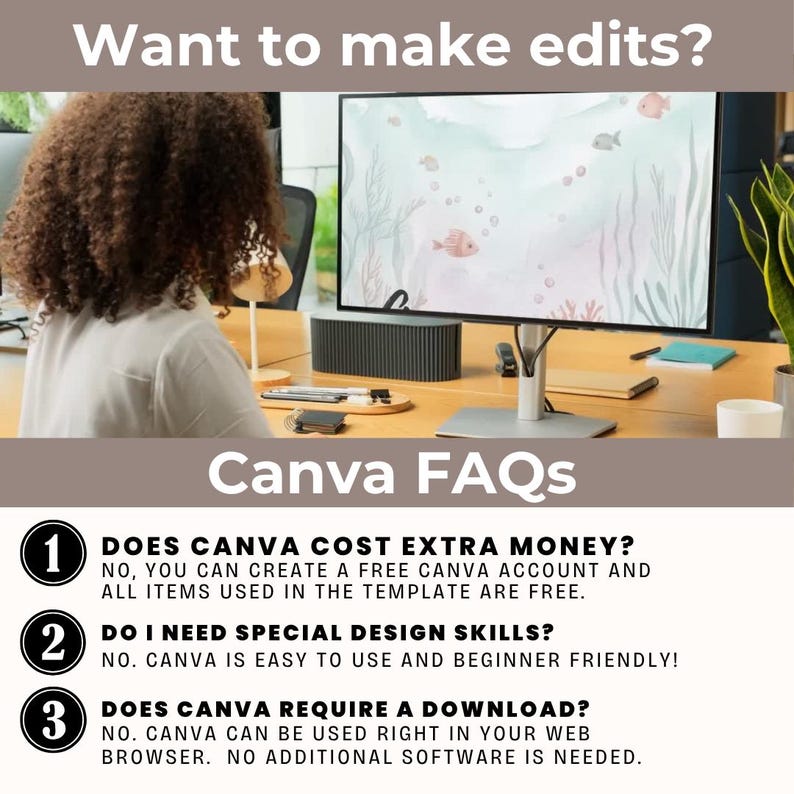 Puede incluir: Una persona trabajando en un escritorio con un monitor de computadora que muestra una escena submarina con peces. La imagen incluye el texto "Want to make edits?" y "Canva FAQs" con tres preguntas y respuestas numeradas sobre Canva.