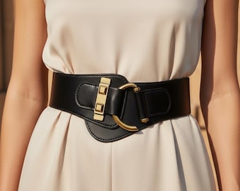 Schwarzer Statement-Gürtel, breiter Ledergürtel, asymmetrischer Gürtel, Gürtel mit goldener Schnalle, Gürtel im Korsett-Stil, Taillengürtel, Statement-Gürtel