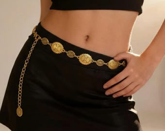 Gold medallion belt, Whimsigoth waist chain, Western metal belt, Boho waist belt, Concho chain belt, Metal waist chain, Y2K jewelry