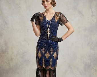 Kleid im Stil von „Der große Gatsby“ (1920er Jahre), Fransenkleid im Flapper-Stil, Art-déco-Outfit, Damenkleider der 1920er Jahre, Paillettenkleid mit Quasten, Vintage-Partykleid