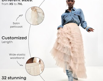 Layered tiered ruffle skirt for women, Beige ruffle skirt, Tulle skirt women maxi, Beige skirt long, Boho skirt plus size,Asymmetrical skirt