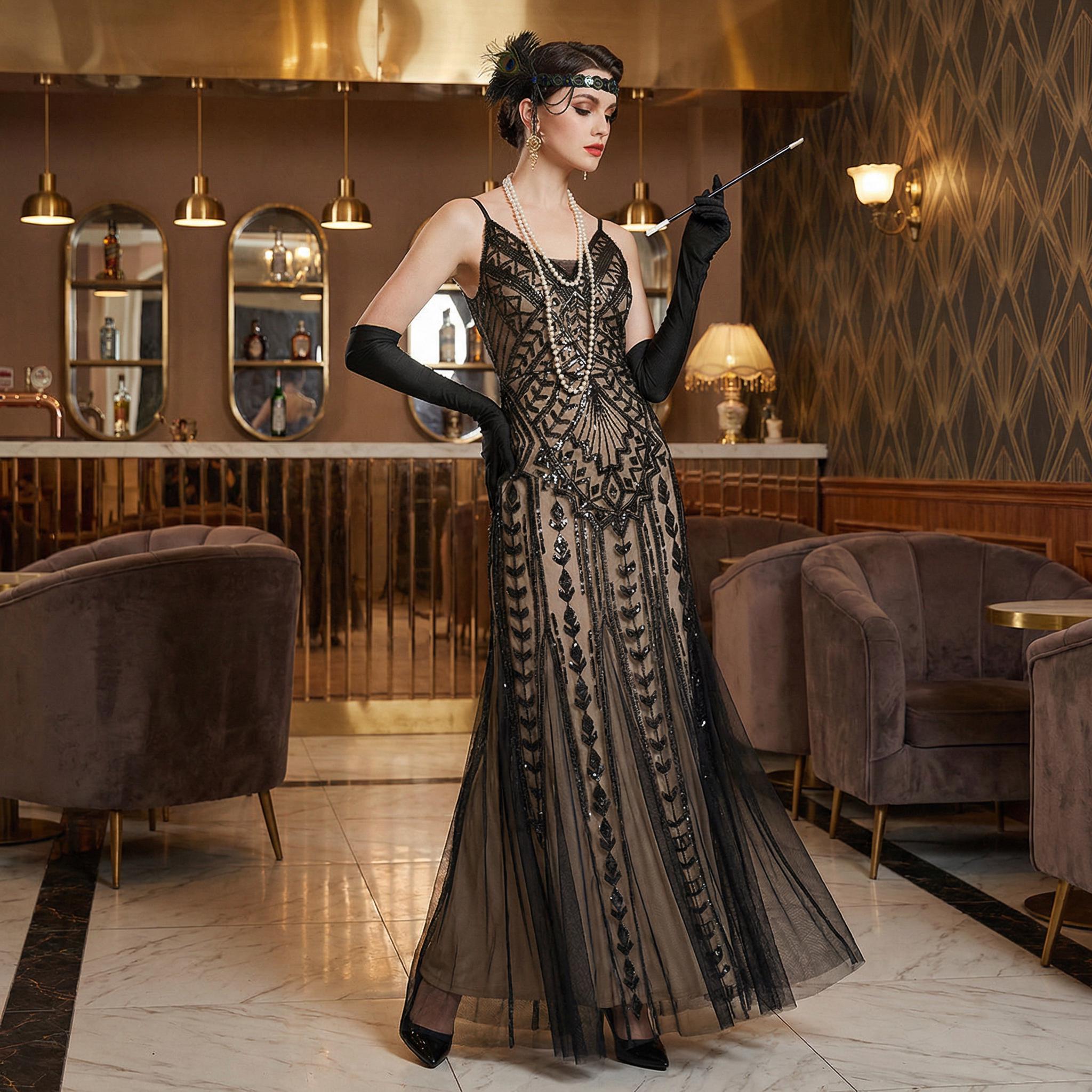 Art Deco Flapper Dress, Great Gatsby Costume, Downtown Abbey Dress, 1920s Prom Dress, Floor Length Black Gown, Roaring 20s Fashion Costumes
