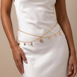 Celestial Moon & Star Waist Chain Belt #Gold Body Chain #Boho Festival Belt #Y2K Golden Celestial Sun and Moon Chain Belt. A Unique  main image 2