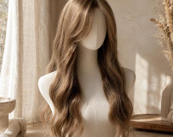 Lange, gewellte blonde Perücke mit Curtain Bangs | Hitzebeständige Kunstfaserperücke
