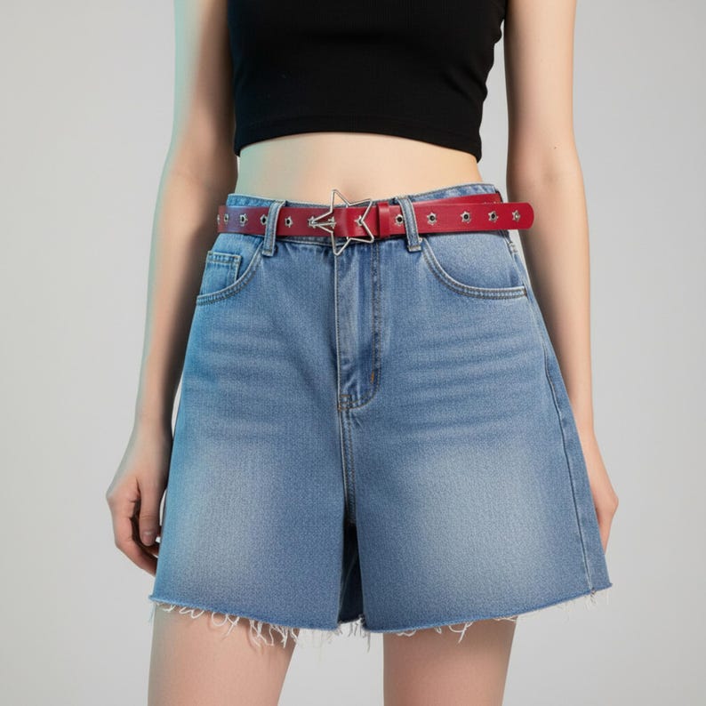 May include: A red leather belt with a silver star-shaped buckle and silver grommets. The belt is worn with denim shorts. The shorts are light blue and have a frayed hem.