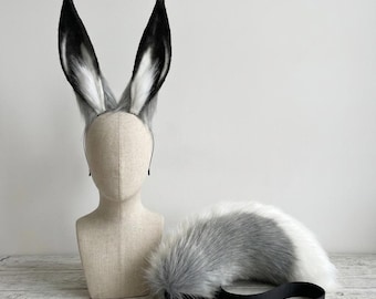 Hasenohren- und Schwanzset, Hasenkostüm-Accessoire, Hasenohren-Stirnband aus Kunstfell, Cosplay-Hasenschwanz, Osterhasenkostüm, Festival-Outfit