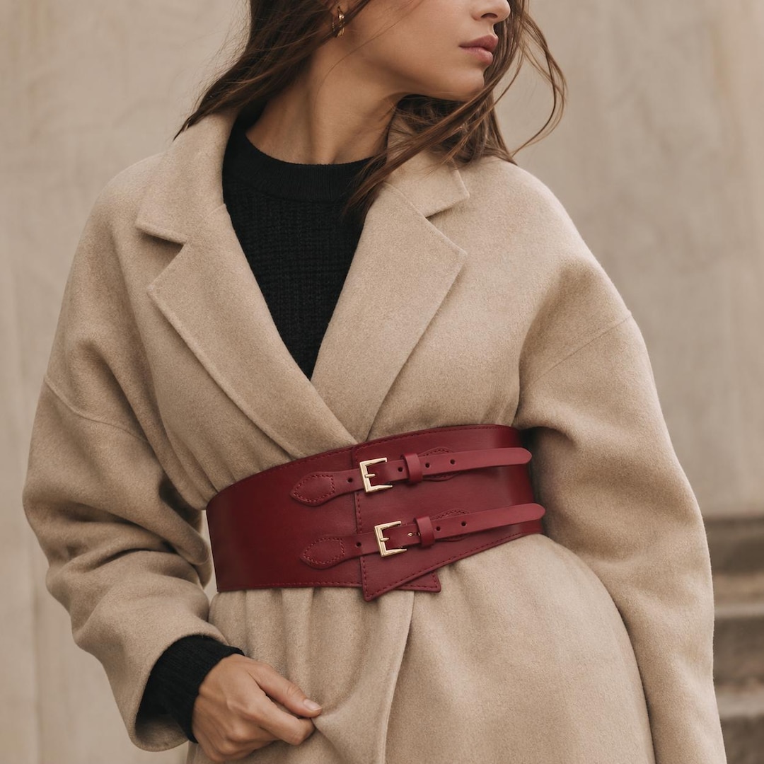 ジャケット・アウター 77circa wide bench coat w/belt Wide Leather Corset Belt Women, Obi Waist Belt, Double Buckle Belt