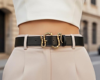 Cintura con fibbia a serpente, cintura in pelle nera, cintura vistosa da donna, cintura in pelle da vita, cintura per jeans, cintura in pelle bovina, cintura alla moda, cintura casual
