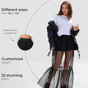 Ruffled tulle skirt black, Sheer tulle skirt, Ruffle skirt women, Tulle overskirt black, See through long skirt, Transparent skirt