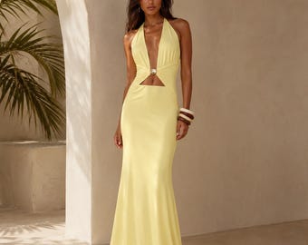 Gelbes Neckholder-Maxikleid, rückenfreies Kleid mit Cut-Outs, Sommerkleid für den Urlaub, Strandkleid, elegantes Abendkleid für Damen