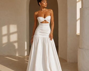 Trägerloses Maxikleid mit Cut-outs, rückenfreies Sommerkleid, gerafftes langes Kleid, weiß-schwarzes Abendkleid, Urlaubskleid, Kleid für Hochzeitsgäste