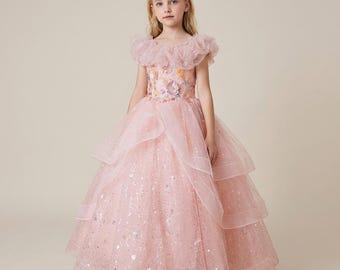 Rosa Blumenmädchenkleid, Prinzessinnen-Ballkleid für Mädchen, bauschiges Tüll-Partykleid, Geburtstagskleid, Festkleid, Hochzeitsgastkleid