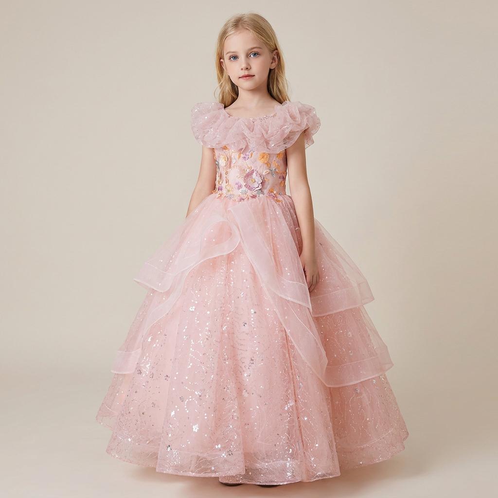 formal pink dresses for 10 year olds Girls High Slit Floral Prom Dress