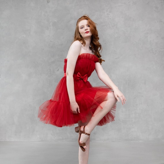 red layered tulle dress Radiant Red Tulle Evening Gown with Beaded Bodice and V-Neckline