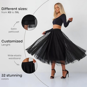 Black tulle skirt for women, Tutu skirt adult, Tulle midi skirt, Princess skirt plus size, Gothic skirt for women, Ballet core skirt