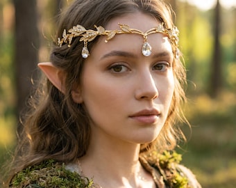 Elfenblattkrone, goldener und silberner Feen-Haarschmuck, Brauttiara im Waldstil, Elfen-Haarreif mit Kristallen, Fantasy-Hochzeits-Haaraccessoire