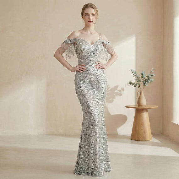 20s inspired formal dresses 1920s Gatsby Party Gown, Art Deco Long Dress, Mermaid Evening Prom Dress, Roaring Sequined Gown, Downton Abbey Bridesmaid Dress 1920s prom dress