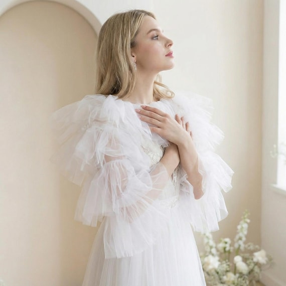 layered tulle dress with sleeves Overlay, White Tulle Dress for Women, Wedding Dress Overlayer, See Through Dress, Ruffled Tulle Dress, Boudoir Photoshoot Gown backless halter mini dress